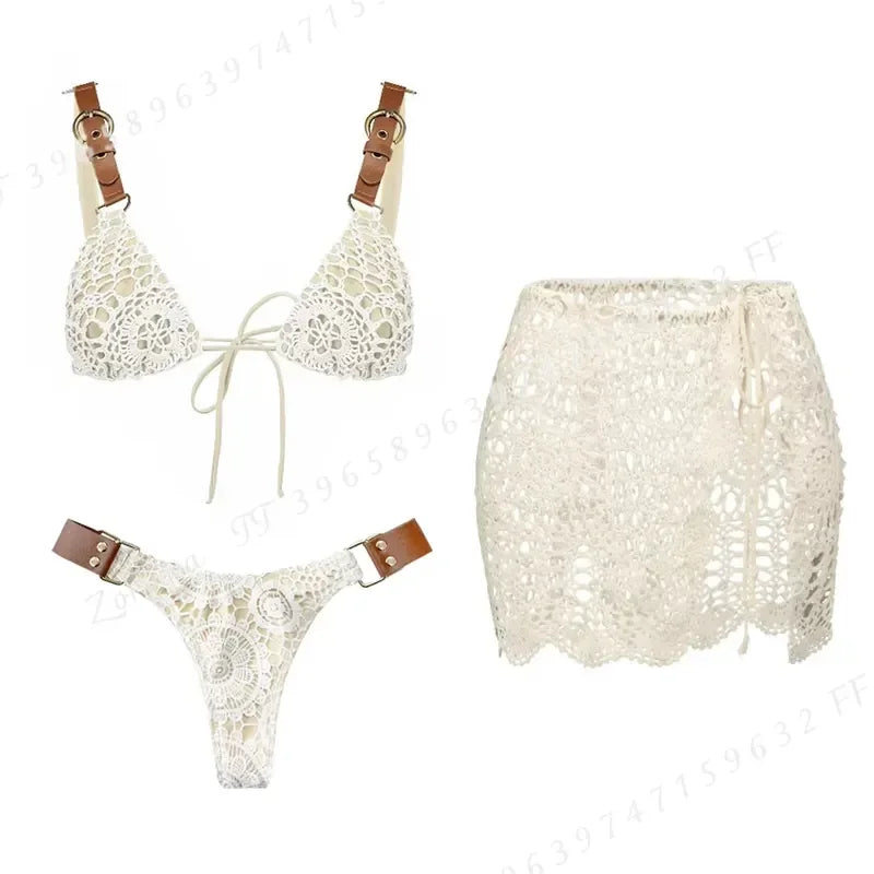 White Crochet-Detail Three-Piece Bikini Set with Adjustable Triangle Top, Knotted Bottom and Matching Beach Skirt