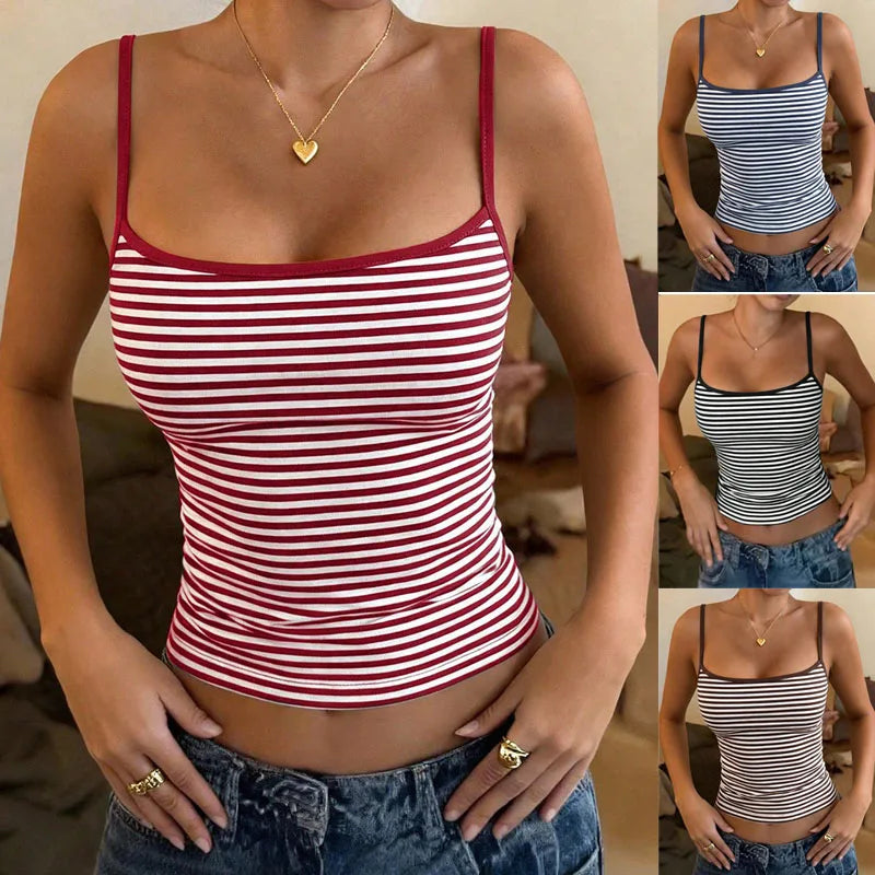 Striped Spaghetti Strap Crop Top with Slim Fit Vintage Streetwear Styling