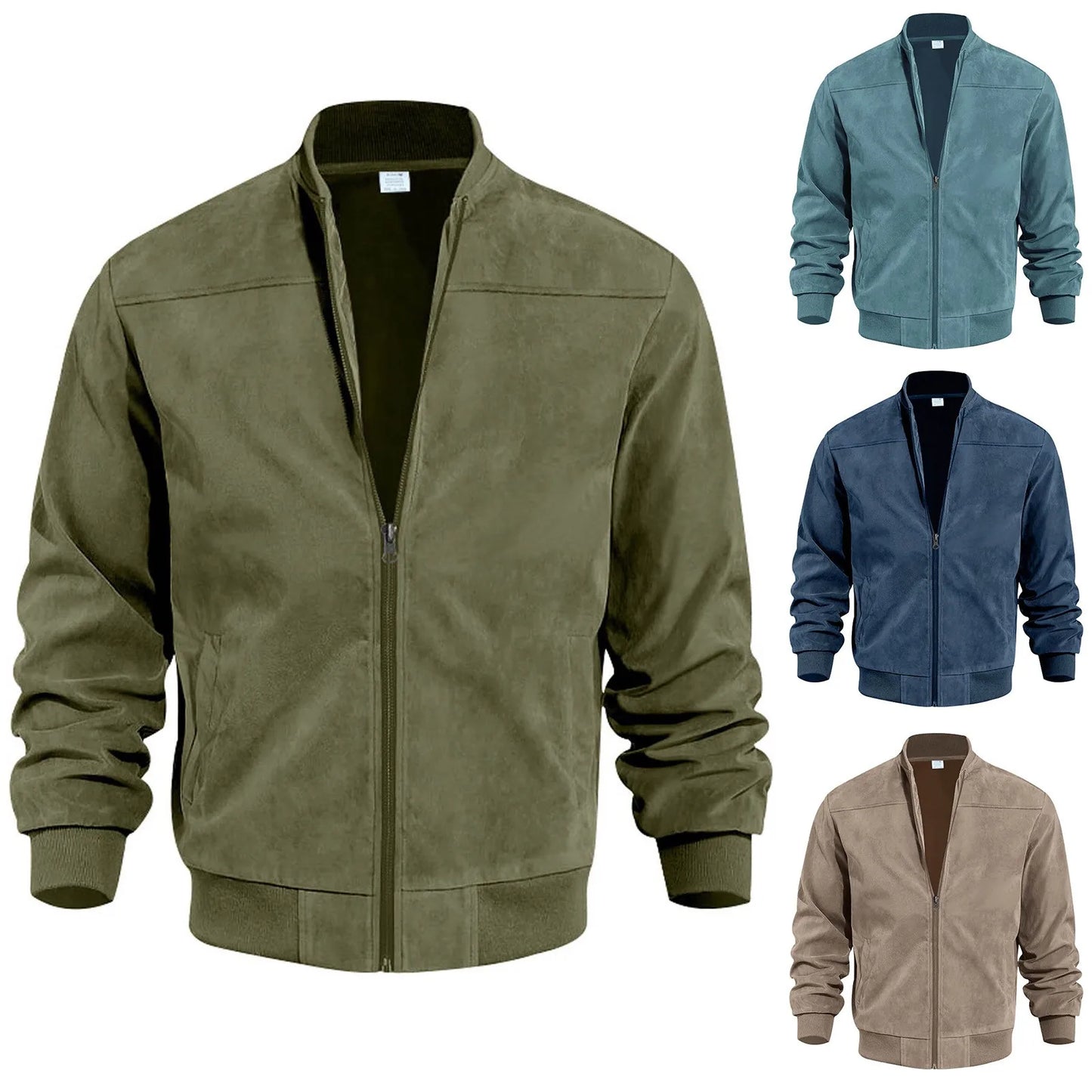 Men's Suede-Style Zip Bomber Jacket with Minimalist Streetwear Design