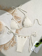 Earthy Olive Green Triangle String Bikini with Crochet and Shell Trim Details