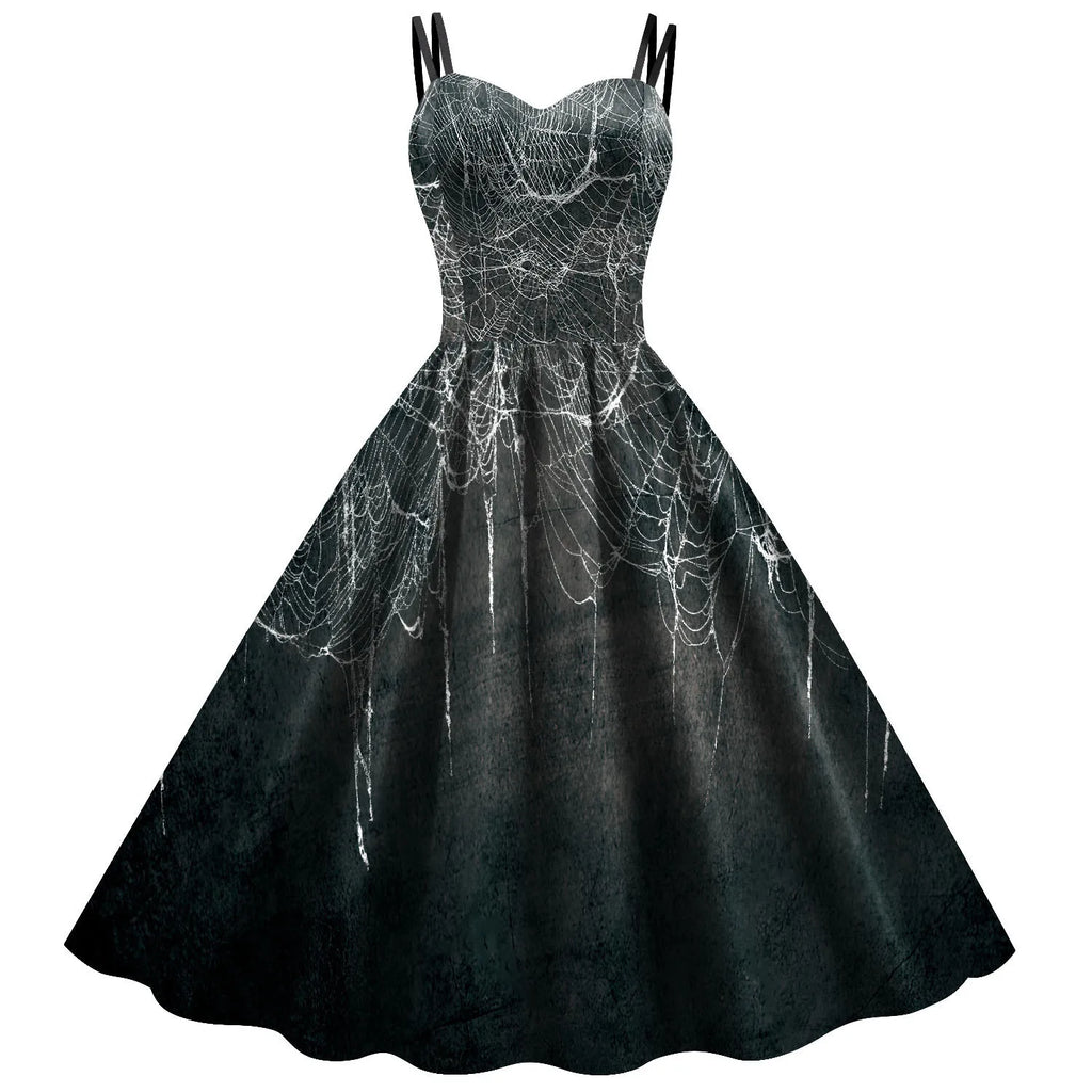 Retro 1950s Swing Dress with Sweetheart Neckline and Bat Print Motif