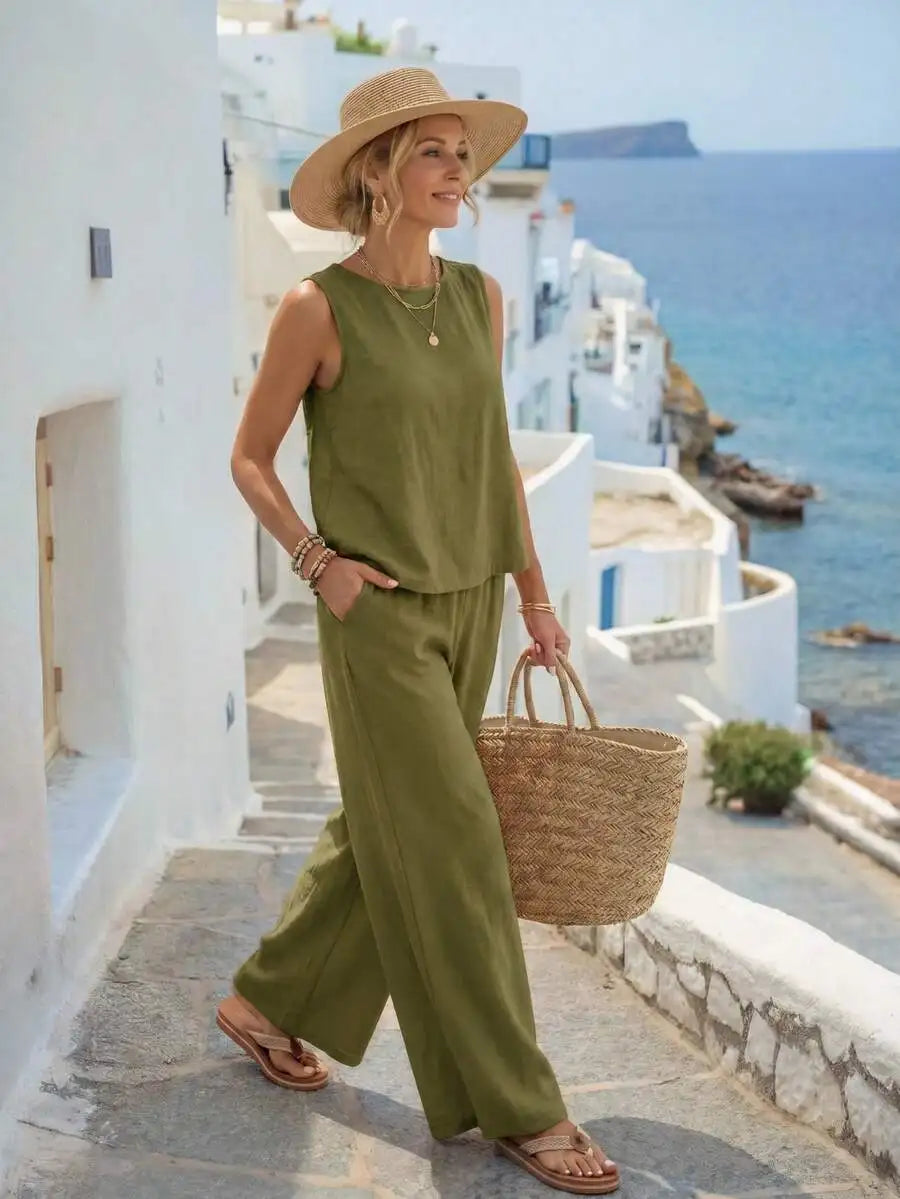 Relaxed Sleeveless Top and Wide Leg Pants Summer Co-Ord Set for Women