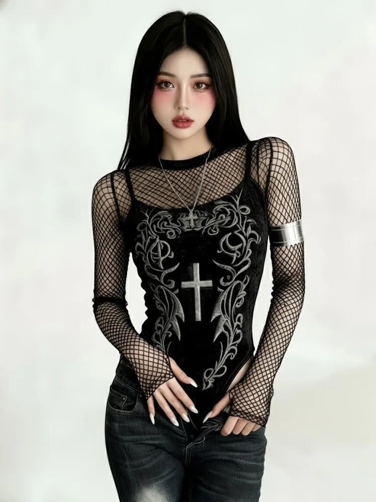 Velvet Graphic Mesh Sleeve Bodysuit for Gothic Alternative Streetwear Fashion