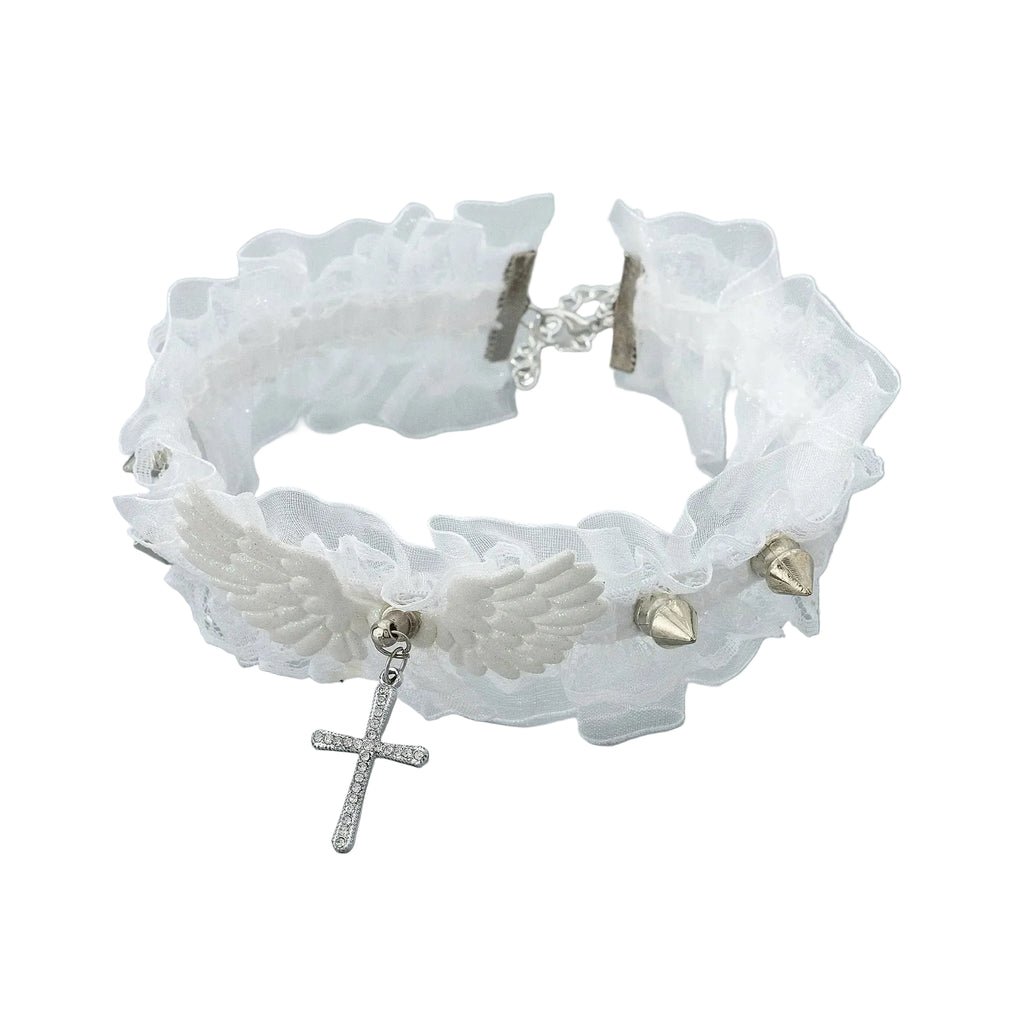 Vintage Lace Wing Bow Choker Necklace with Gothic Heart Pendant Accent