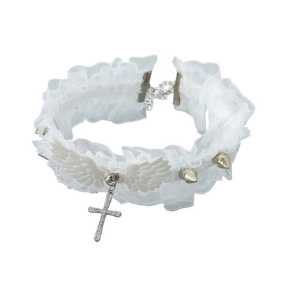 Vintage Lace Wing Bow Choker Necklace with Gothic Heart Pendant Accent