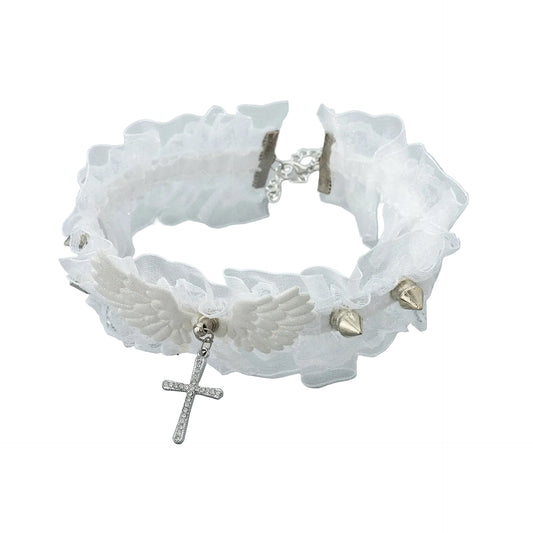 Vintage Lace Wing Bow Choker Necklace with Gothic Heart Pendant Accent