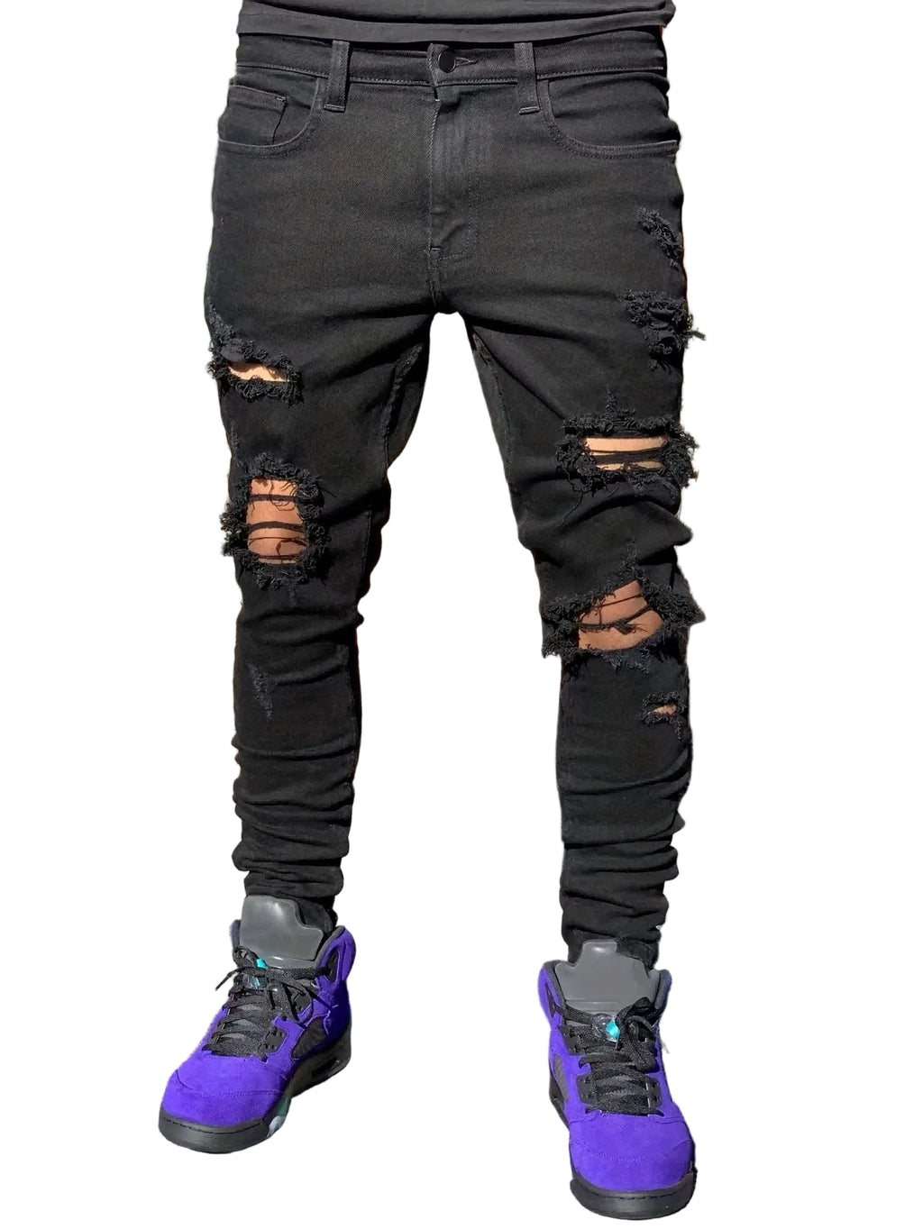 Men's Distressed Skinny Denim Jeans with Ripped Details and Stretch Streetwear Fit