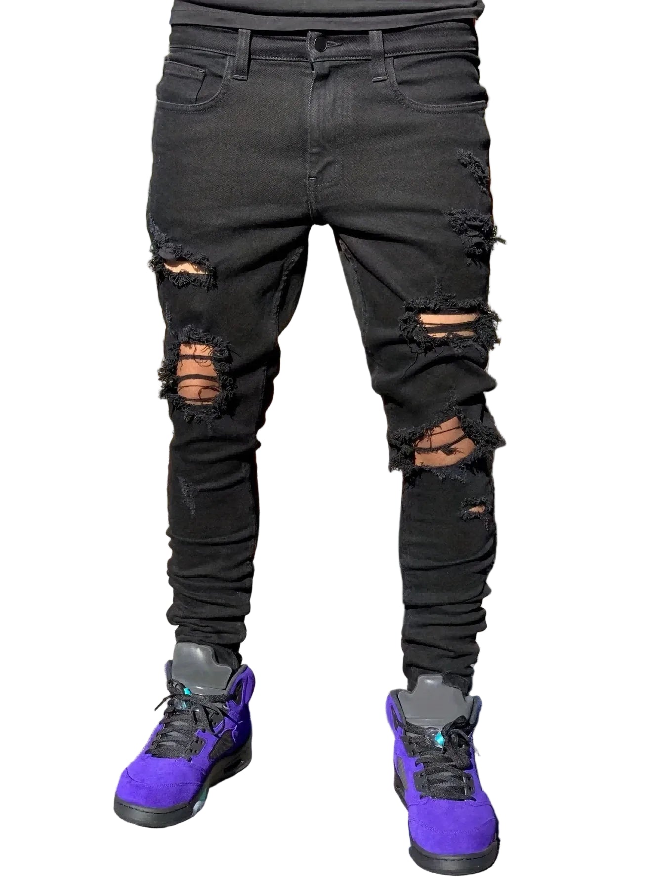 Men's Distressed Skinny Denim Jeans with Ripped Details and Stretch Streetwear Fit