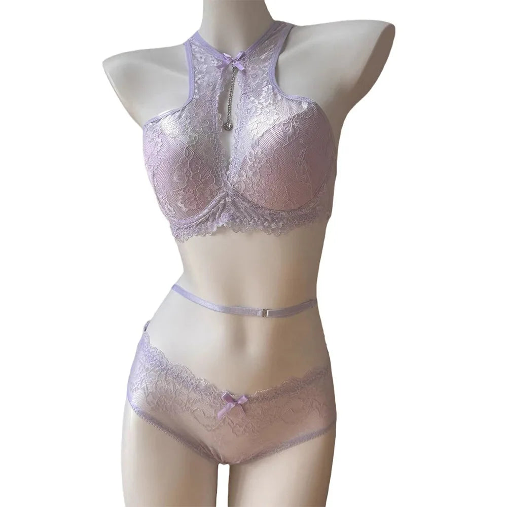 Crisp White Floral Lace High-Neck Halter Bralette and Panty Set