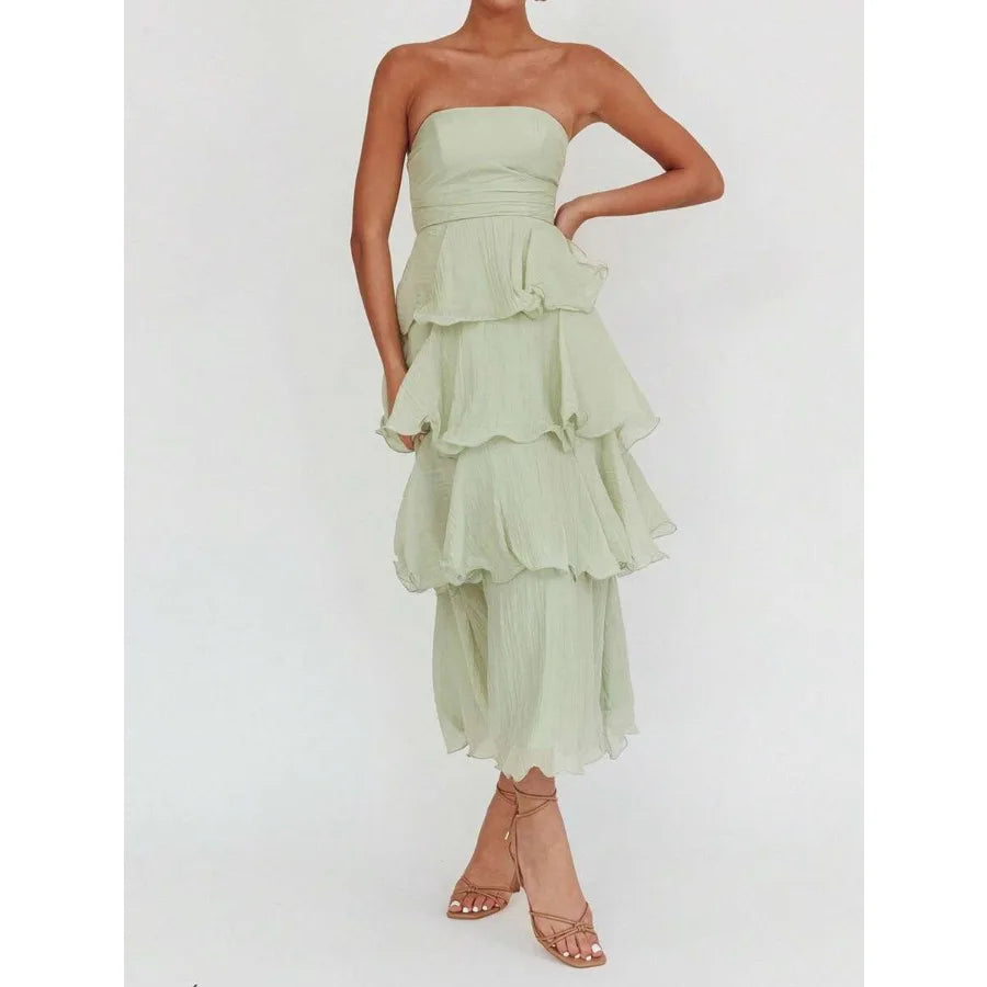 Strapless Tiered Maxi Dress with Ruffle Layers and Flowing Silhouette