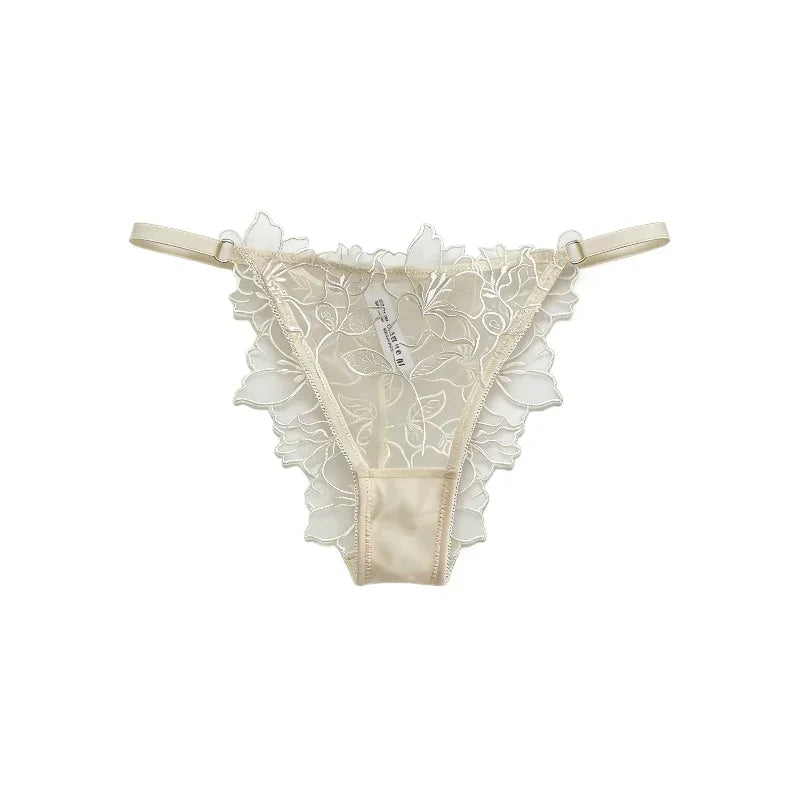 Embroidered Sheer Floral Lace Demi-Cup Bra and Matching Low-Rise Thong Set