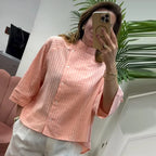 Asymmetrical Button-Front Striped Blouse with Modern Stand Collar