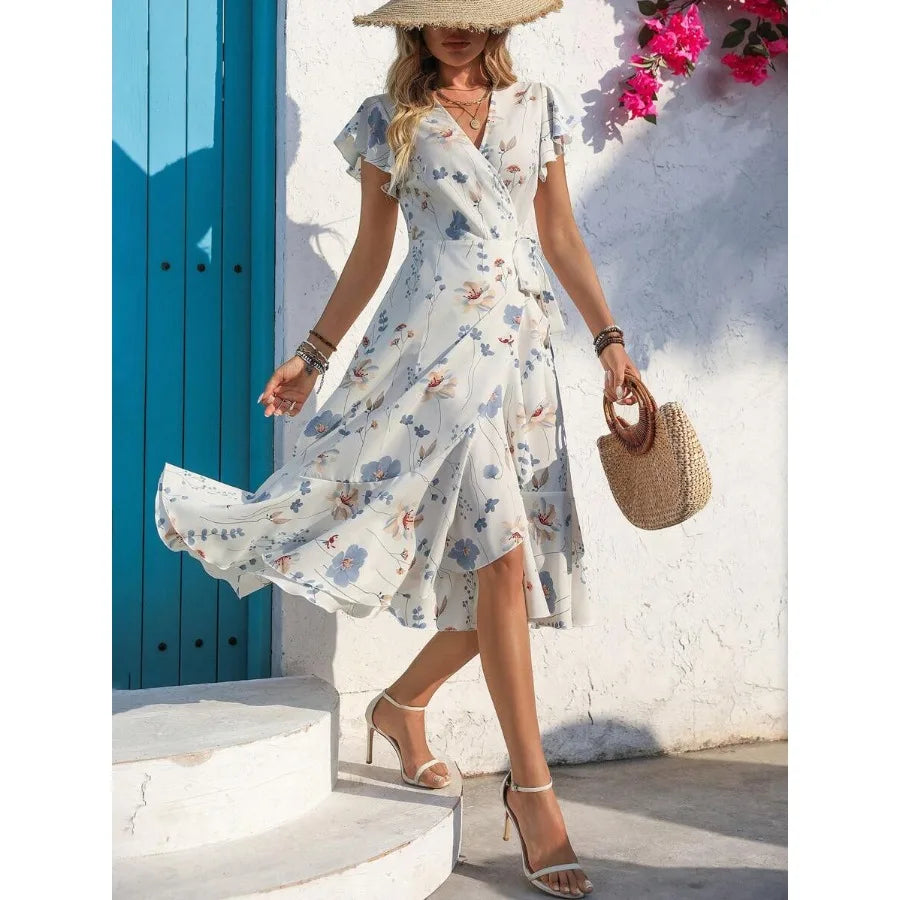 Printed Wrap Style Midi Dress With Flowing Everyday Silhouette