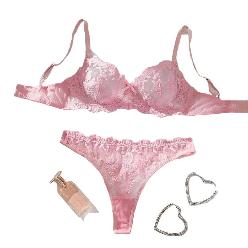 Delicate Pink Floral Embroidery Underwire Bra and Panty Lingerie Set