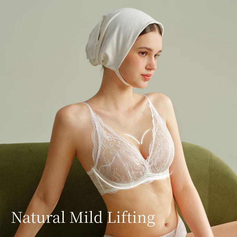 Elegant Deep Plunge Wireless Bra with White Floral Lace Overlay