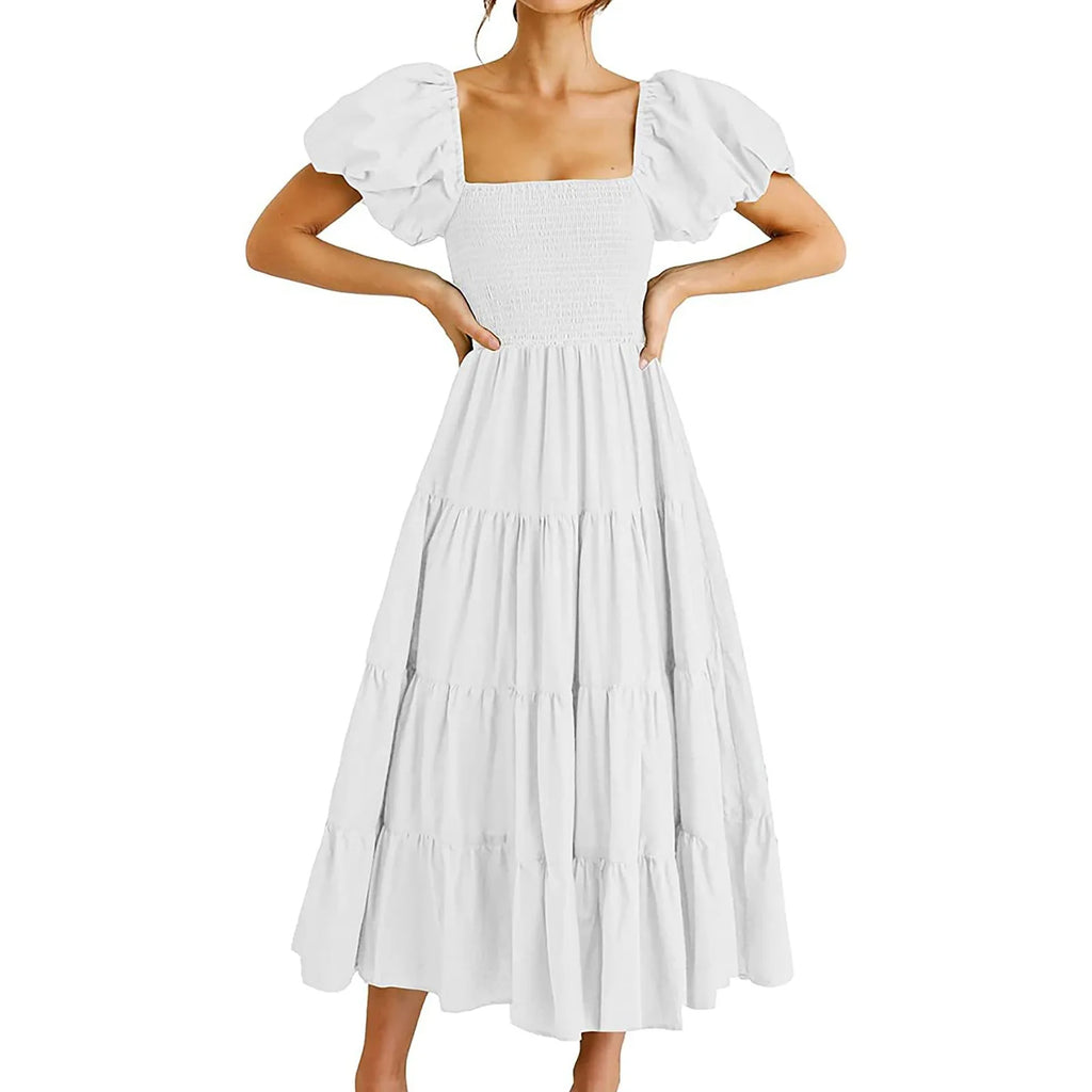 Square Neck Midi Dress with Puff Sleeves and Open Back Design