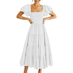 Square Neck Midi Dress with Puff Sleeves and Open Back Design