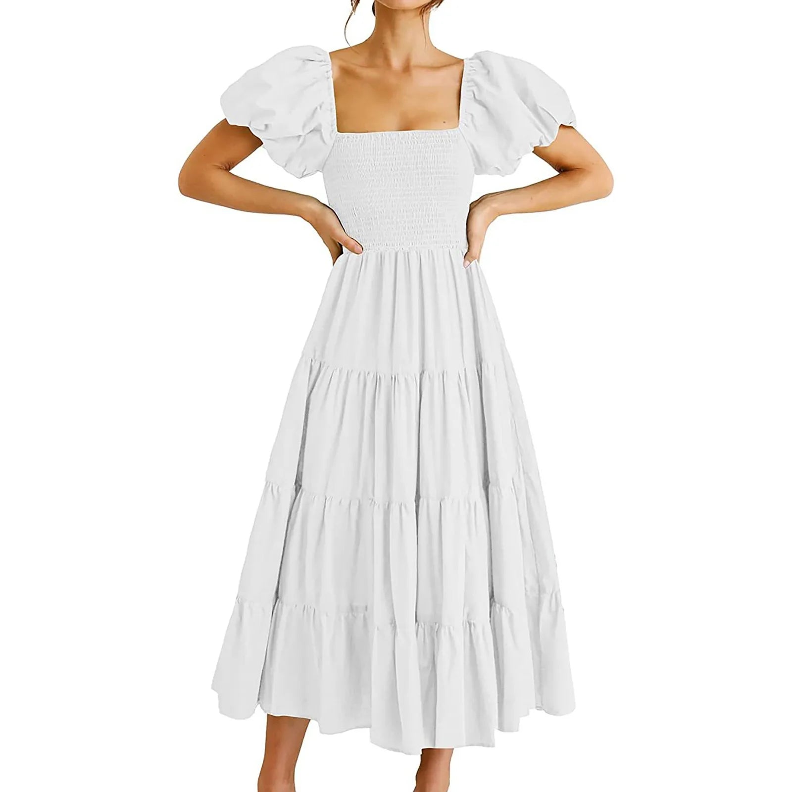 Square Neck Midi Dress with Puff Sleeves and Open Back Design