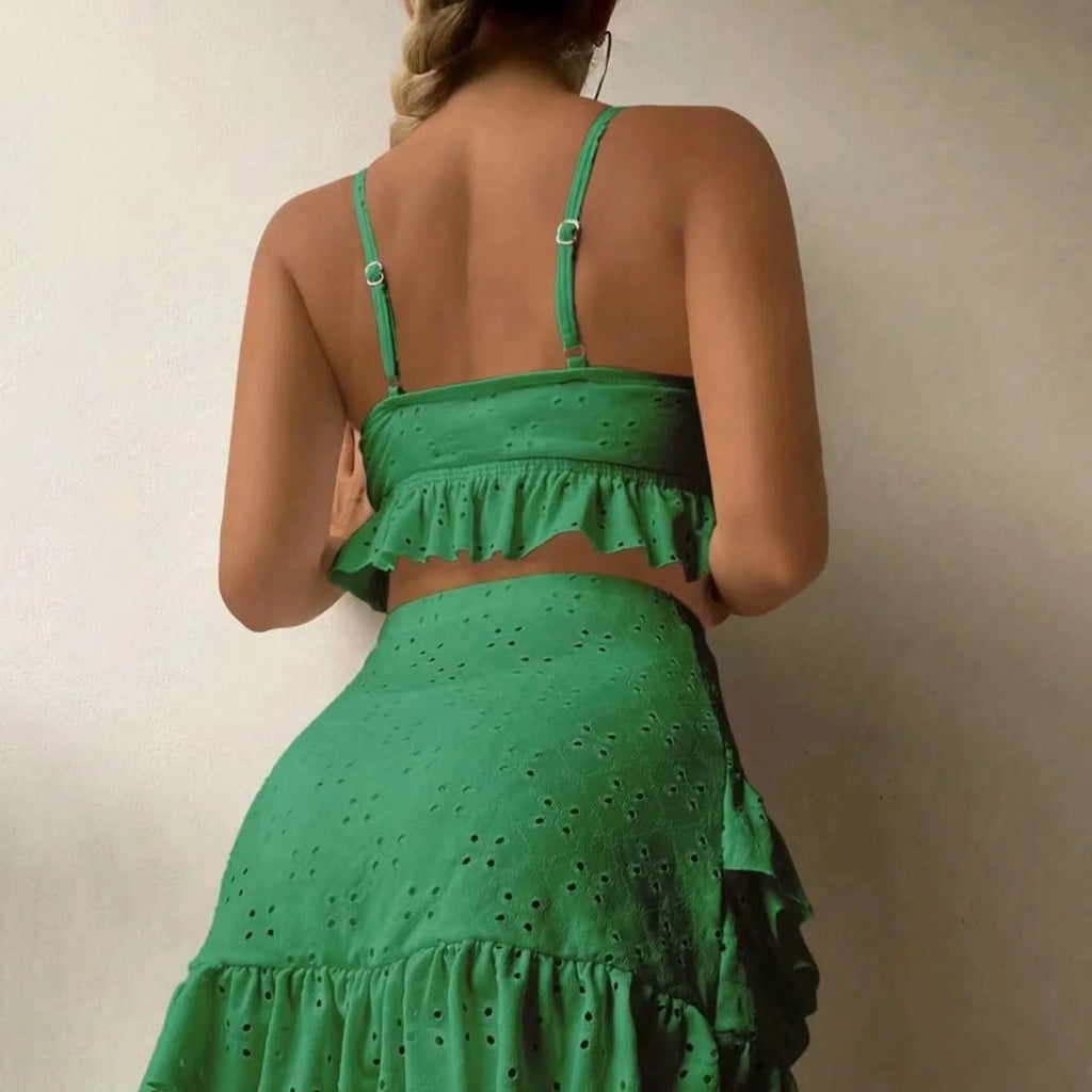 Emerald Green Two-Piece Swimwear Set with Gathered Camisole-Style Top and Layered Ruffle Skirt Cover-Up