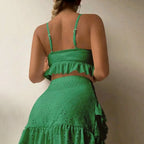 Emerald Green Two-Piece Swimwear Set with Gathered Camisole-Style Top and Layered Ruffle Skirt Cover-Up