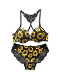 Vibrant Sunflower Print Front-Closure Push-Up Bra and Lace Racerback Panty Set