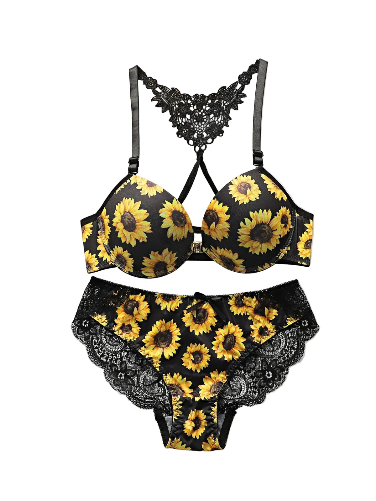 Vibrant Sunflower Print Front-Closure Push-Up Bra and Lace Racerback Panty Set