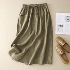 High Waist Button Front A-Line Midi Skirt with Side Slit Casual Everyday Style