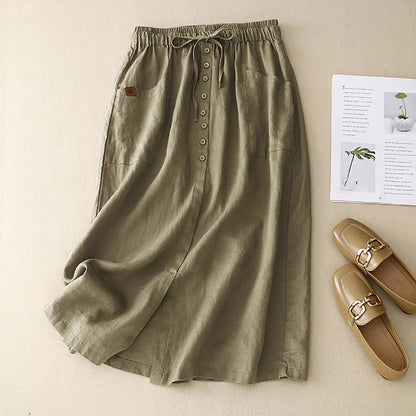 High Waist Button Front A-Line Midi Skirt with Side Slit Casual Everyday Style