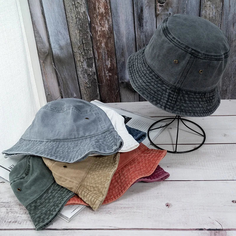 Washed Cotton Bucket Hat Flat Crown Casual Streetwear Outdoor Fisherman Style Hat