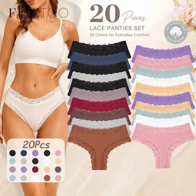 20-Piece Women’s Lace Trim Bikini Panties Set with Ribbed-Look Finish, Mid-Rise Silhouette and Assorted Colors