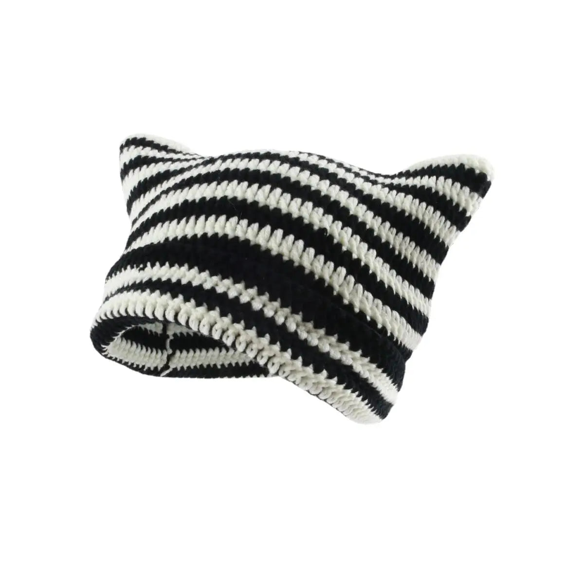 Striped Cat Ear Knit Beanie with Cotton Blend Construction for Playful Streetwear Winter Fashion