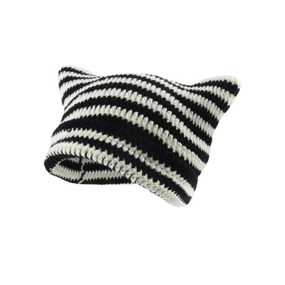 Striped Cat Ear Knit Beanie with Cotton Blend Construction for Playful Streetwear Winter Fashion