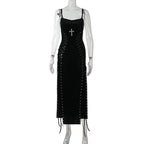 Dark Gothic Split-Leg Maxi Dress with Alternative Streetwear Aesthetic