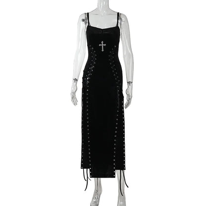 Dark Gothic Split-Leg Maxi Dress with Alternative Streetwear Aesthetic