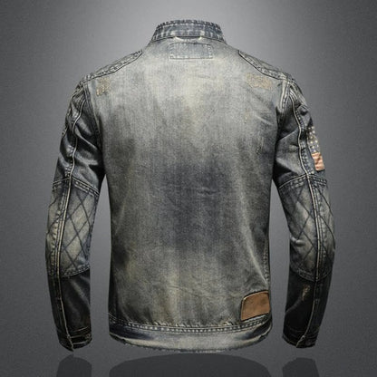 Men's Vintage-Inspired Zip-Up Denim Jacket with Stand Collar Design