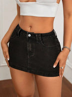 Washed Denim Bodycon Mini Skirt with Front Pockets and Slim Fit