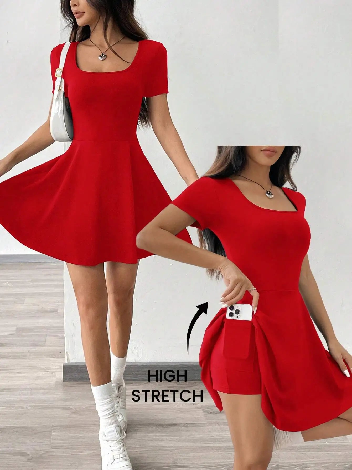 Square Neck Sleeveless A-Line Mini Dress with Flared Skater Silhouette