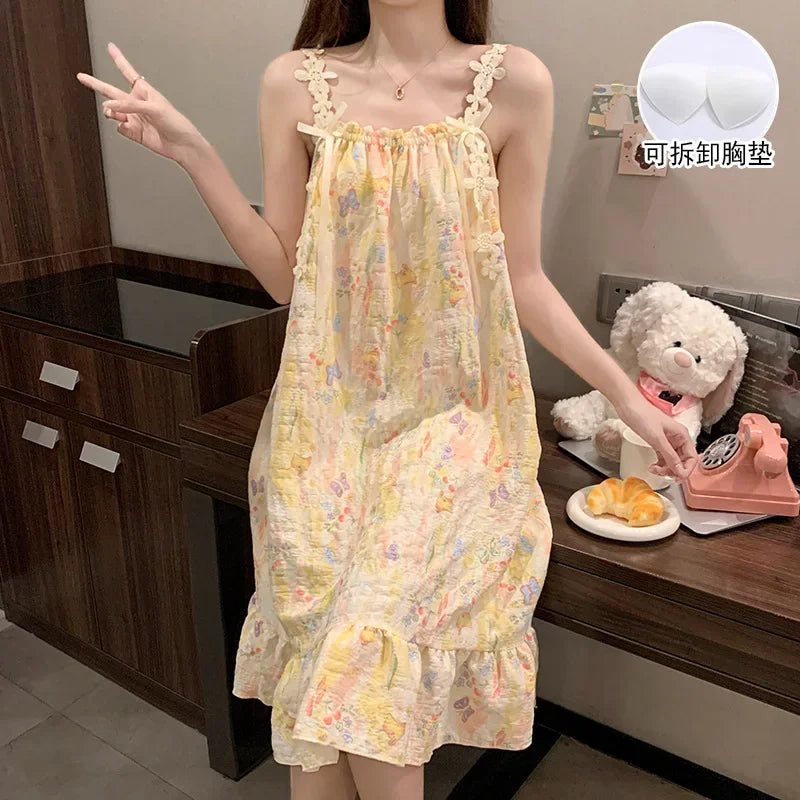 Floral Mid-Calf Cami Nightgown with Square Neckline, Delicate Appliqué Details and Lightweight Summer Sleepwear Silhouette