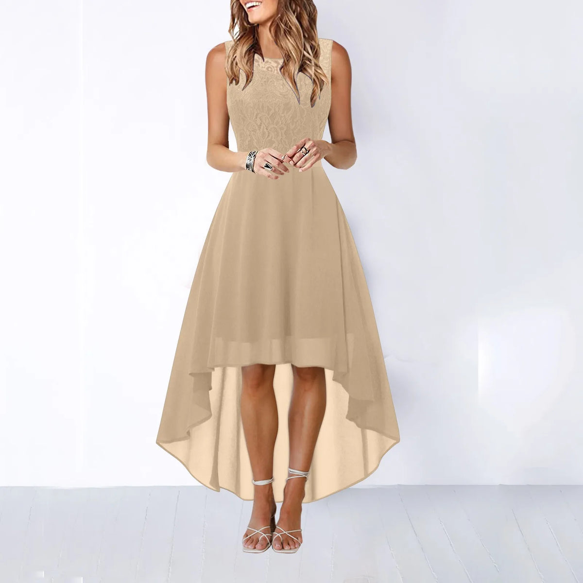 Flowing Sleeveless Chiffon-Style Dress with Irregular High-Low Hemline
