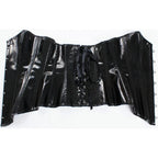 High-Shine Black Faux Leather Overbust Corset with Sweetheart Neckline and Front Busk