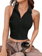 Women's Halter Neck Ruched Button Front Backless Fitted Crop Top for Everyday Summer Style