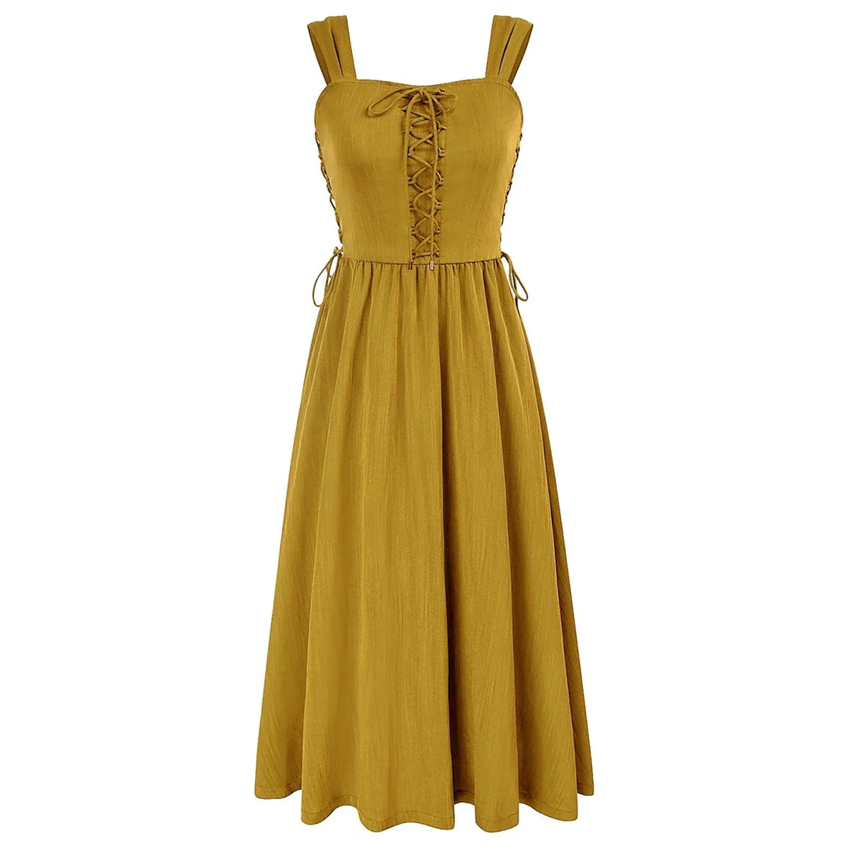 Rustic Lace-Up A-Line Dress with Wide Straps and Gathered Skirt