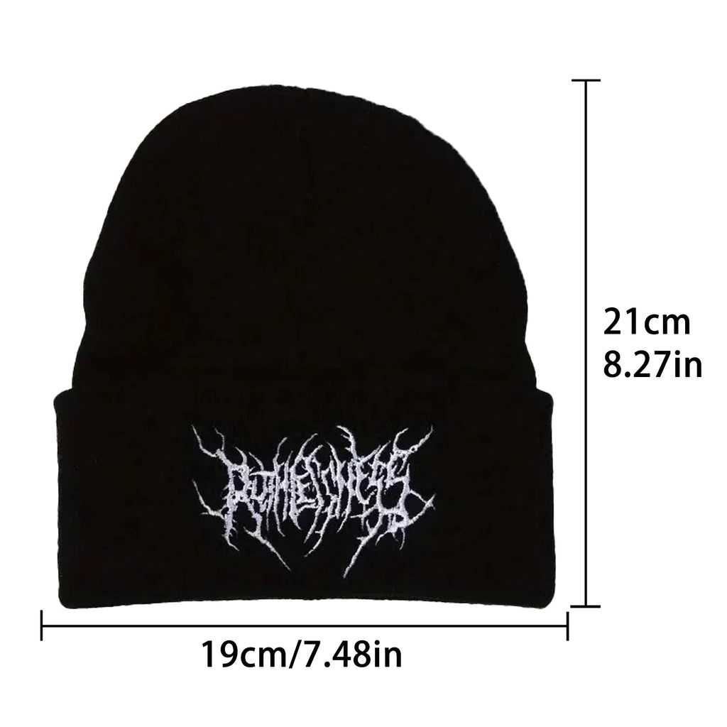 Gothic Inspired Embroidered Acrylic Knit Beanie for Contemporary Streetwear Winter Everyday Fashion Style