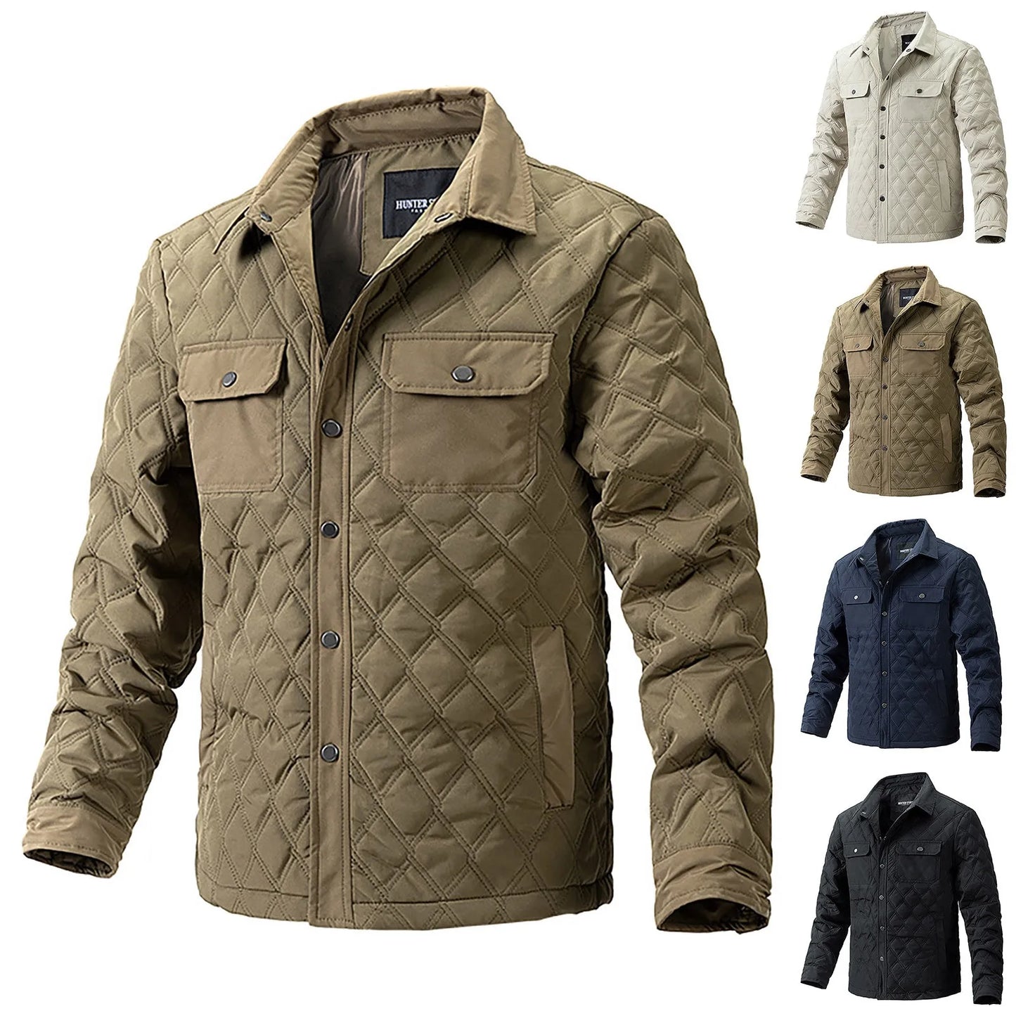 Men's Quilted Diamond Pattern Button Front Overshirt Jacket with Utility Pockets for Everyday Style