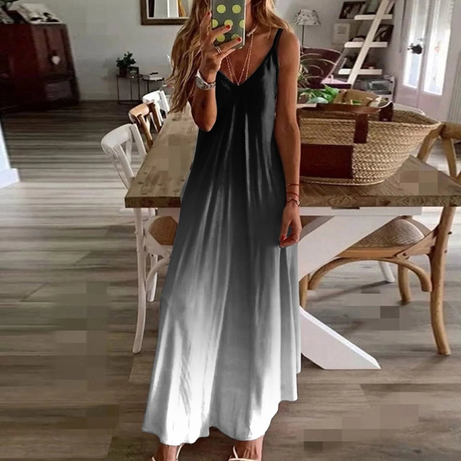 Gradient Print Spaghetti Strap Maxi Dress with Relaxed Boho Silhouette
