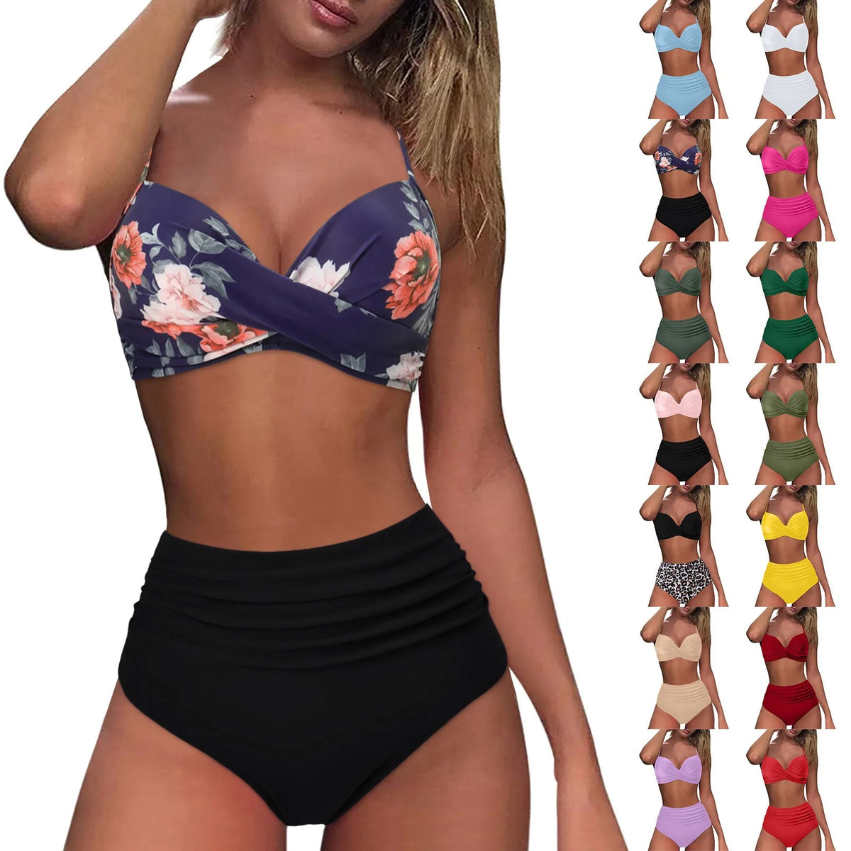 Emerald Green Cross-Front Bikini Set with Ruched High-Waisted Bottoms