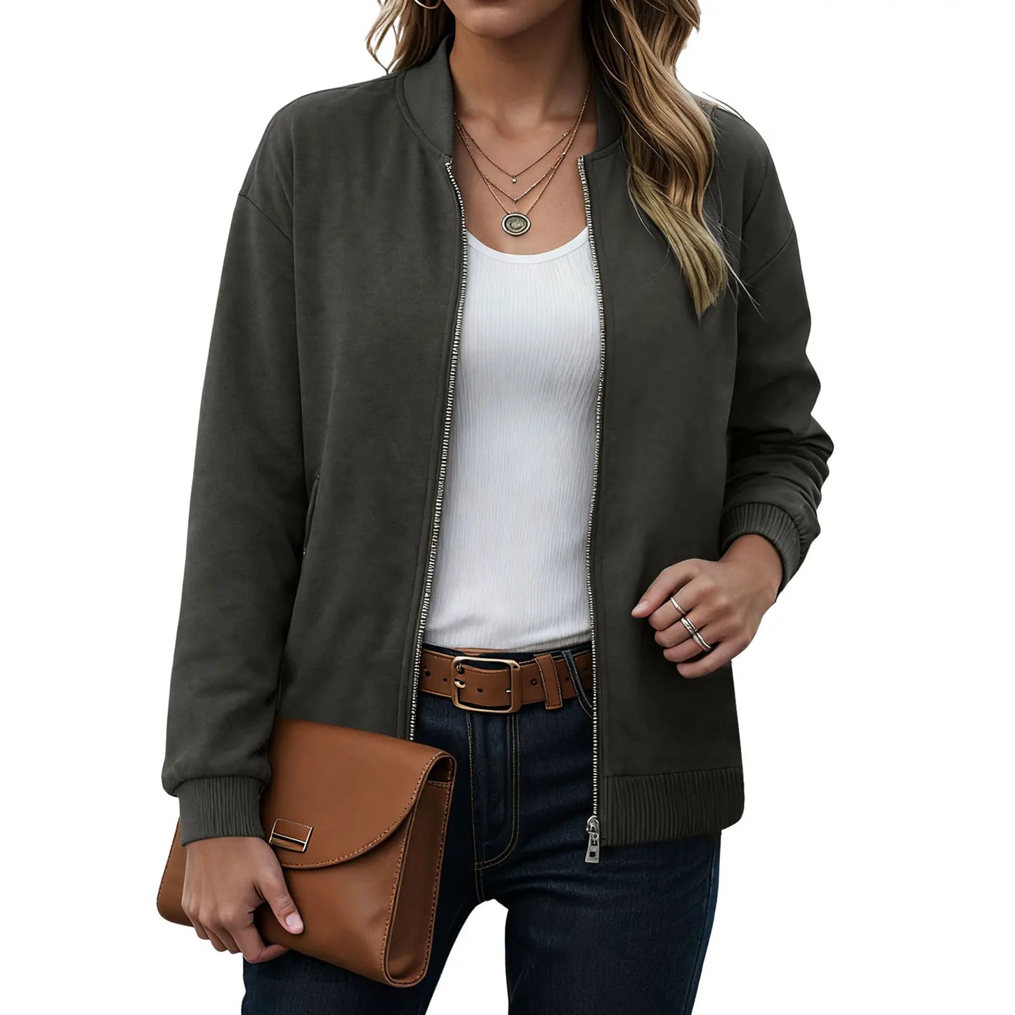Women's Minimalist Zip Front Faux Suede Bomber Jacket for Contemporary Streetwear