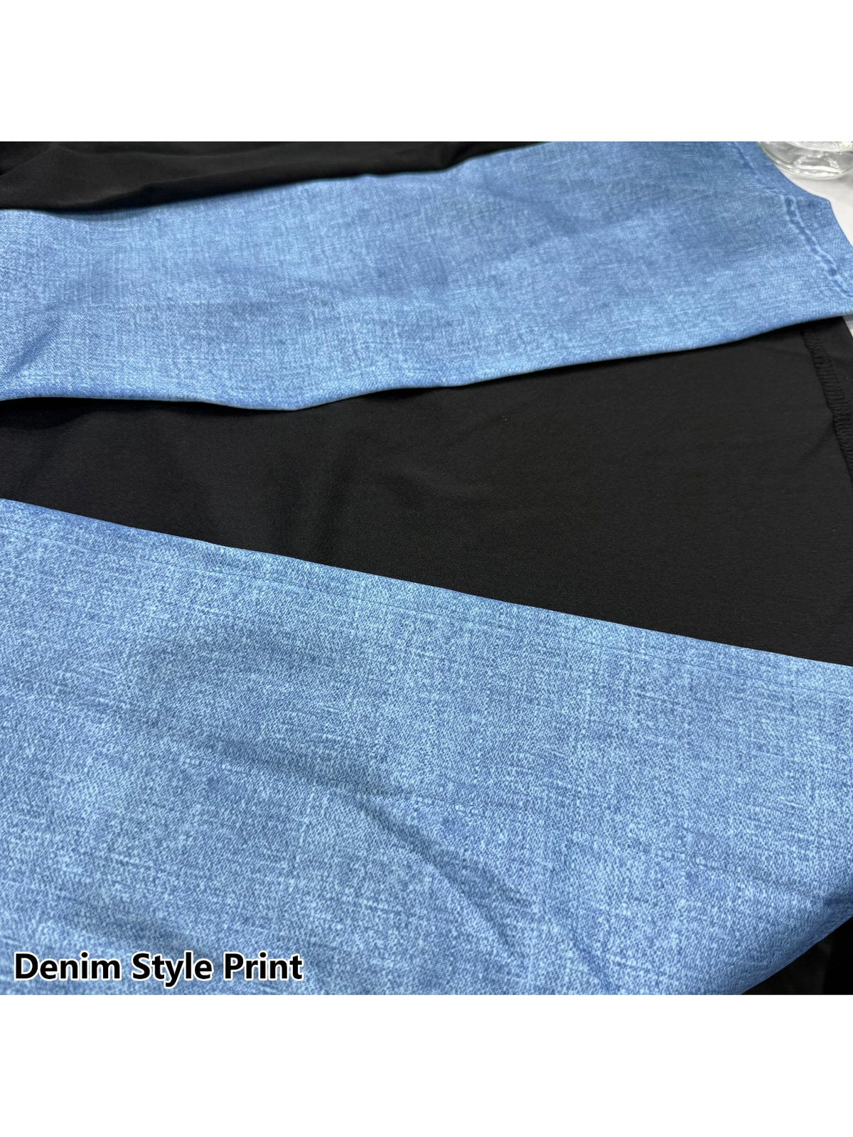 Long Sleeve Color-Block Midi Dress with Denim-Illusion Print and Front Slit