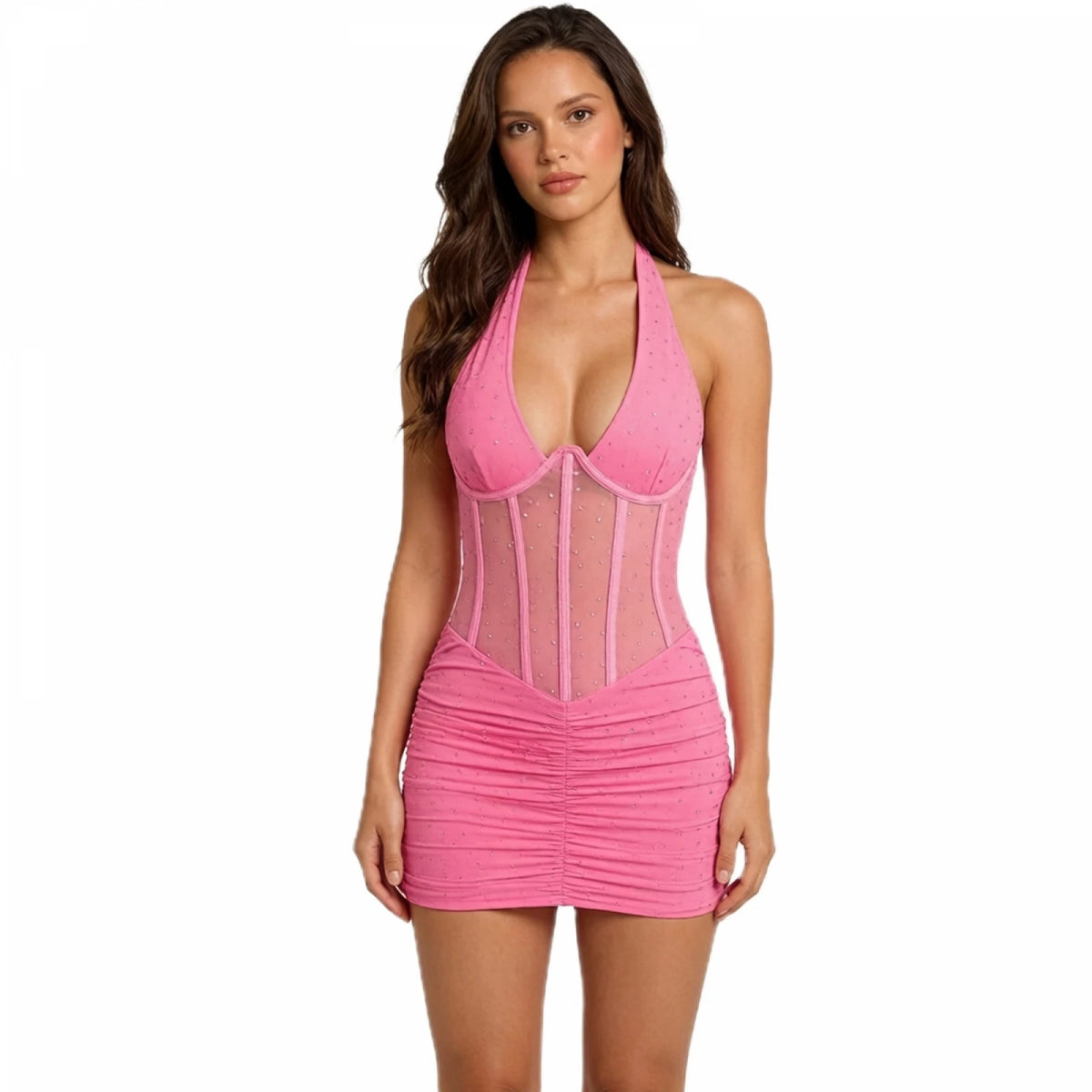 Pink Halter Bodycon Mini Dress with Structured Mesh Bodice