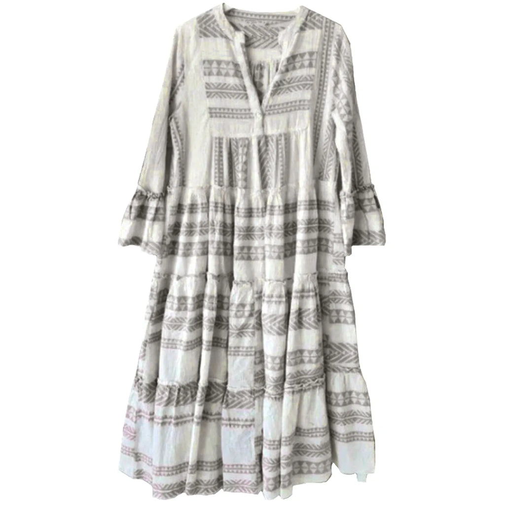 Bohemian Print Maxi Dress with V Neck and Flowy Long Sleeves